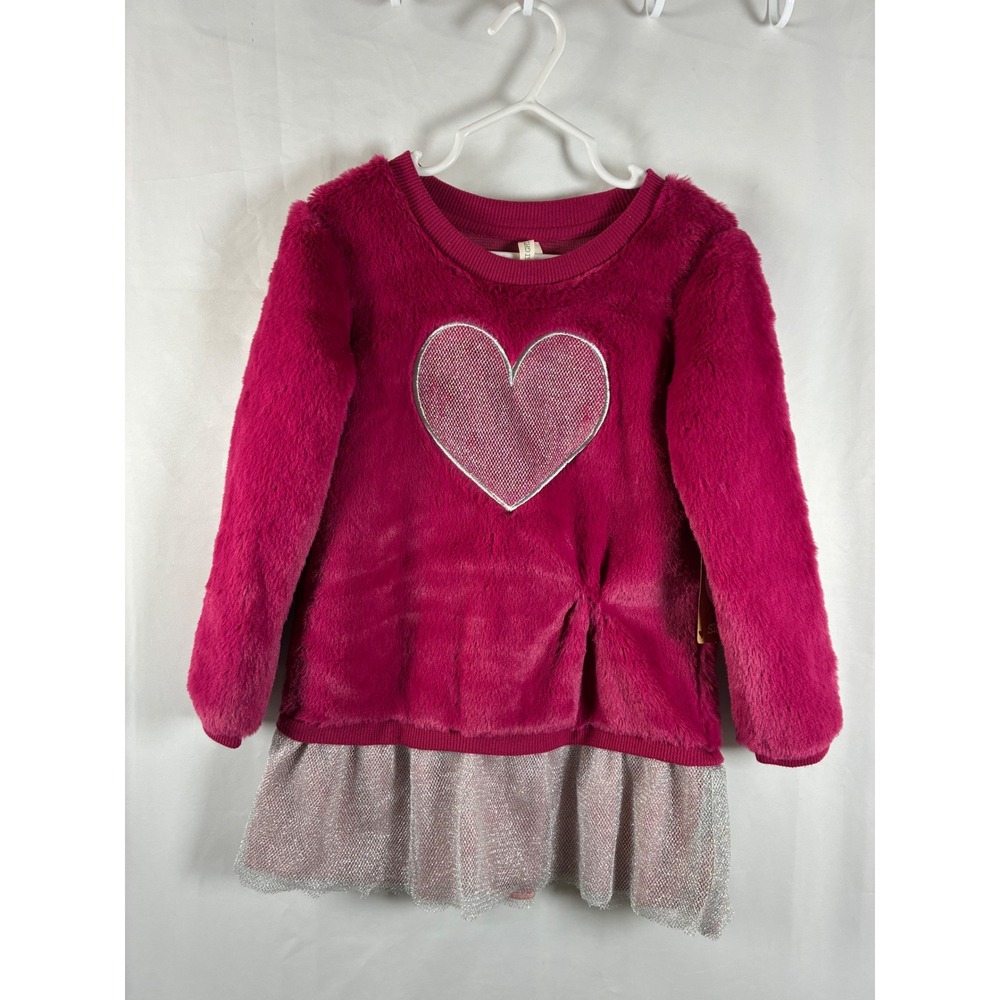 Love @ First Sight‎ Girls 4T Magenta Faux Fur Glitter Heart Tulle Dress TF181318